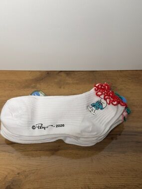 NWT White Smurf Embroidered Colorful Ruffle Ankle Socks - 6 Pair
